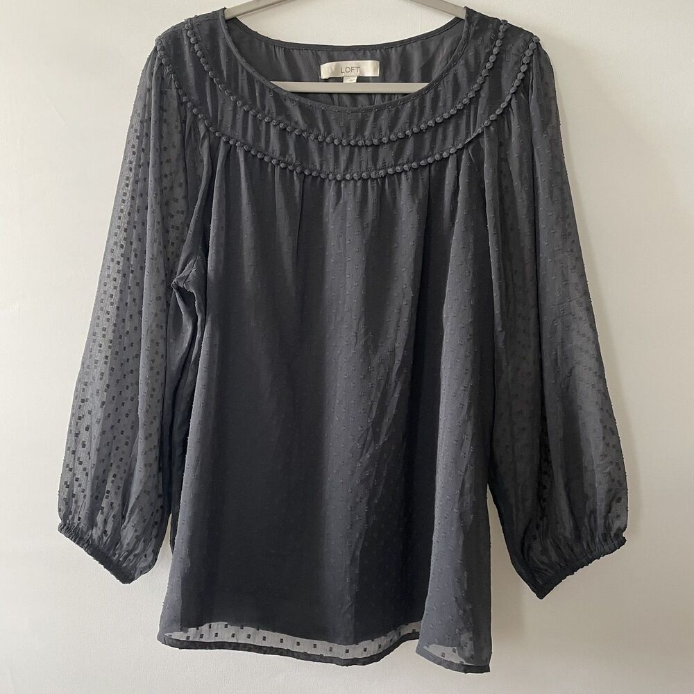 LOFT Gray Sheer Swiss Dot Peasant Blouse Long Sleeve Womens Size L